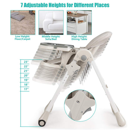 BABY JOY Convertible High Chair for Babies & Toddlers, Height Adjustable, Grow & Go High Chair w/Recline & Footrest, Removable Double Tray, Portable Baby Dinning Chair with Wheels (Beige)