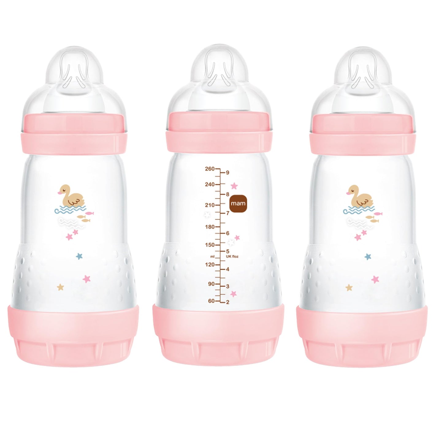 MAM 9oz Easy Start Anti-Colic Baby Bottles, Medium Flow, Breastfeeding-Like Silicone Nipple Bottle, Reduces Colic, Gas, & Reflux, Easy-to-Clean, BPA-Free, 2+ Months