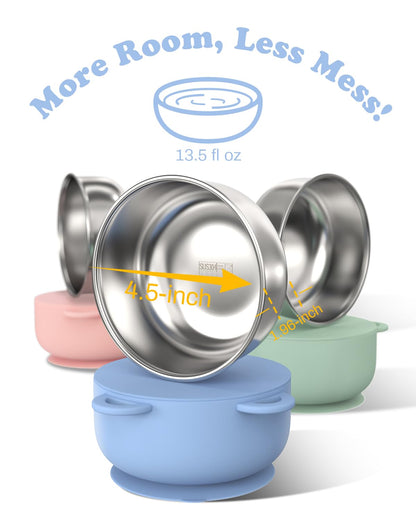 Baby Suction Bowls with Lids 4-Pack, 2-in-1 Stainless Steel 304 Toddler Bowl & Removable Silicone Suction Kids Bowl Plate Set Non Toxic Snack Dishes for Self-Feeding, Sunrise Meadow