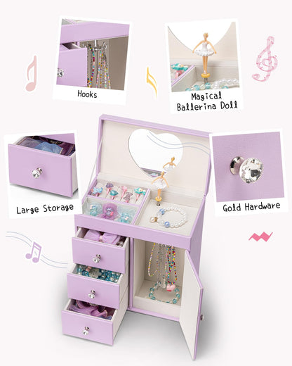 Vlando Musical Jewelry Box for Girls, Large Kid Music Box with Ballerina for Birthday Bedroom Decor, 4 Layer Girl Jewelry Gifts for Girls Kids - Light Pink
