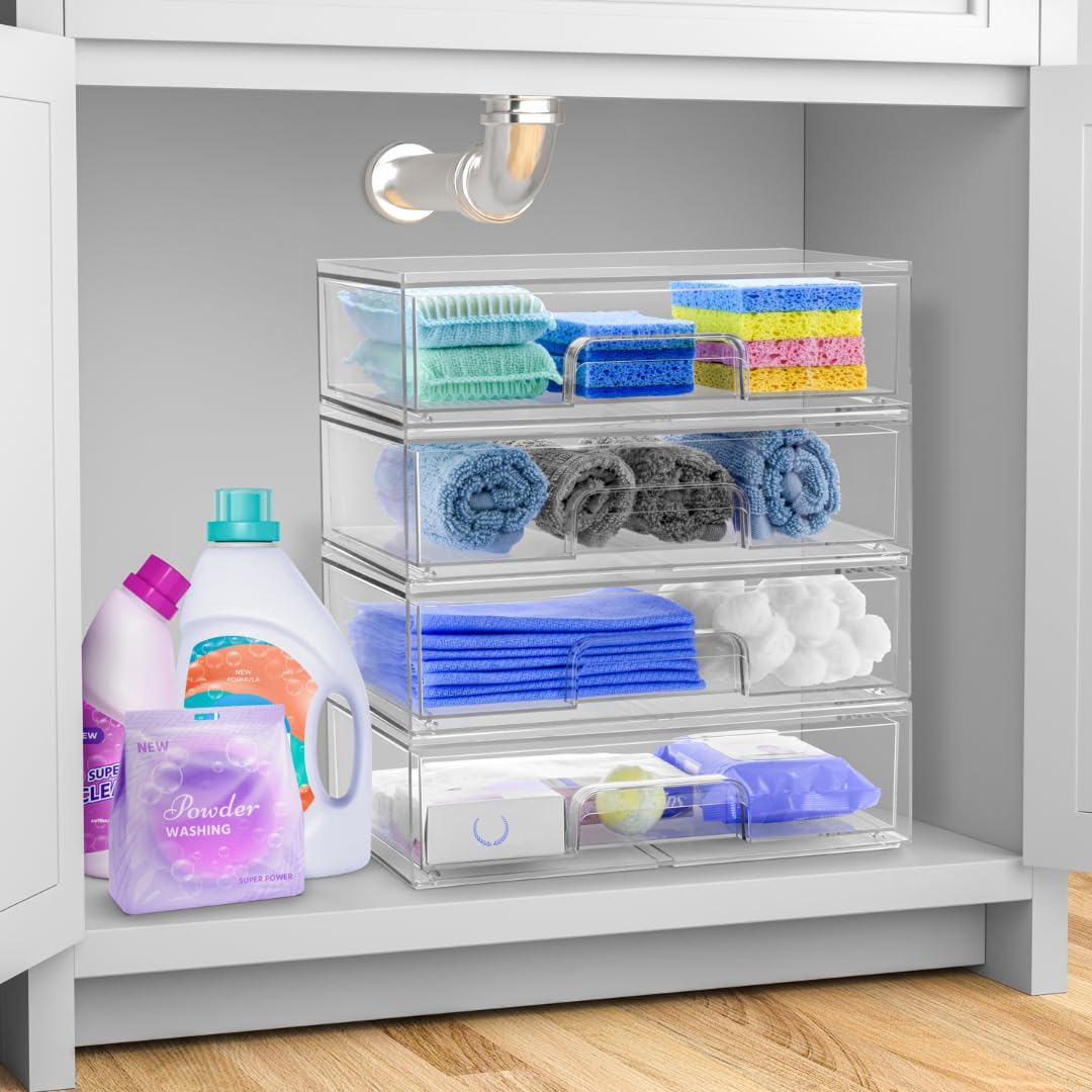 Sorbus Acrylic Storage Containers - 2 Pack, Stackable Storage Bins Set for Bathroom Organization - Clear Acrylic Drawer Organizers - Makeup Case Pull-Out Drawers (7.6’’ and 4.4’’ Tall)