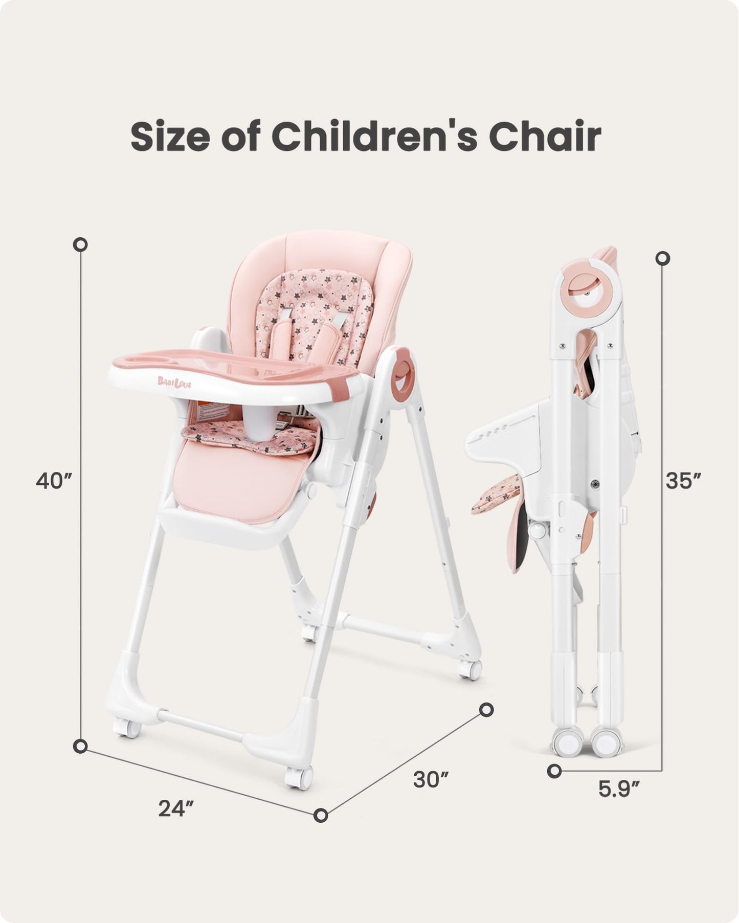 Convertible High Chairs for Babies and Toddlers, Foldable High Chair with Adjustable Backrest, Footrest and Tray, Baby Dinning High Chair with Lockable Wheels, Star Pink