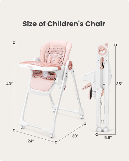 Convertible High Chairs for Babies and Toddlers, Foldable High Chair with Adjustable Backrest, Footrest and Tray, Baby Dinning High Chair with Lockable Wheels, Star Pink