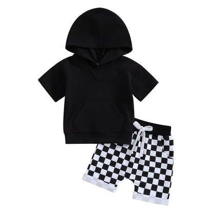 Toddler Baby Boy Summer Outfit Short Sleeve Hooded Stripes Top Casual Shorts Set Infant Newborn Clothes 6 12 18 24 Month