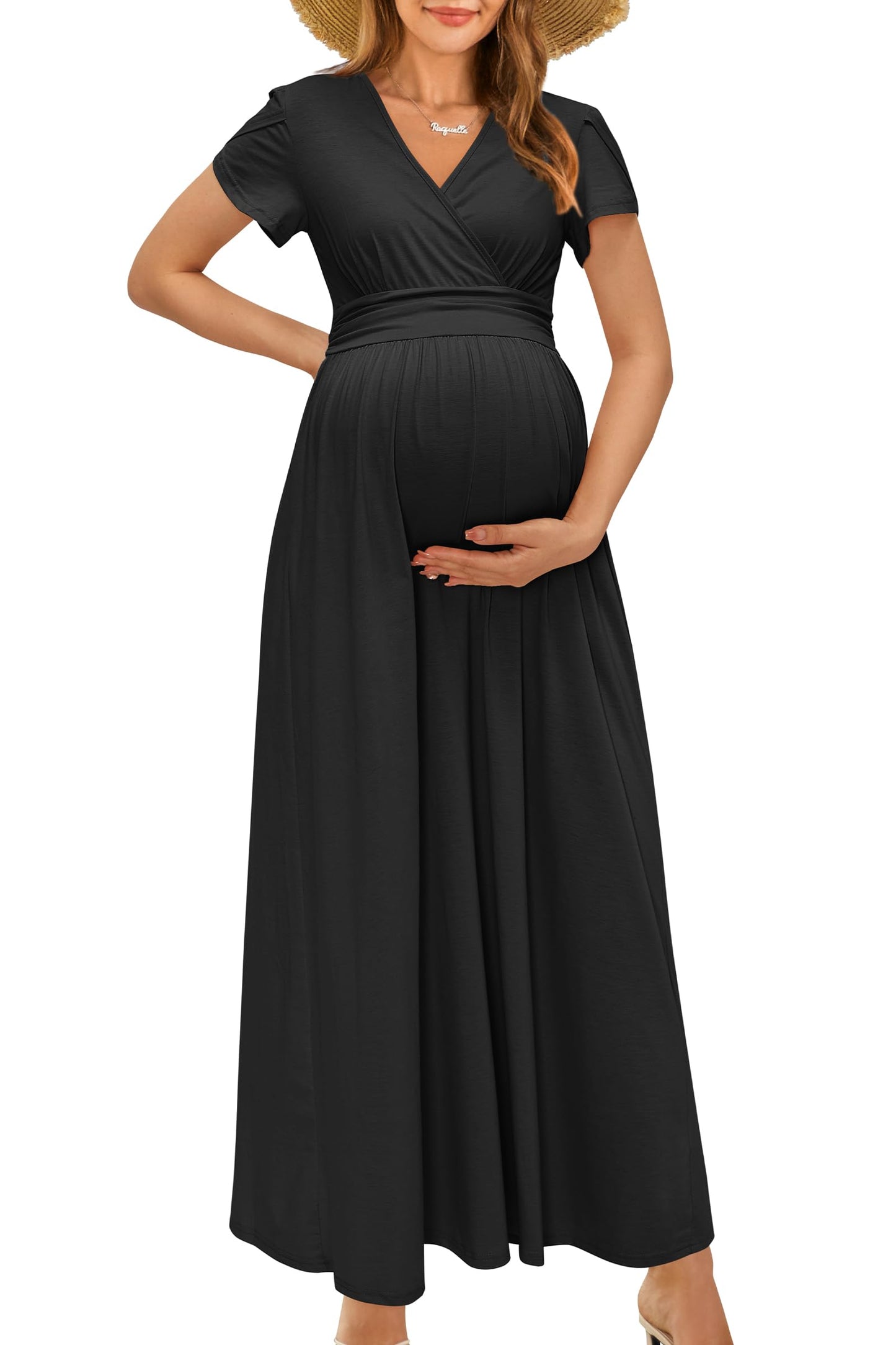 OUGES Maternity Maxi Dress Wrap V Neck Baby Shower Pregnancy Dresses for Photoshoot