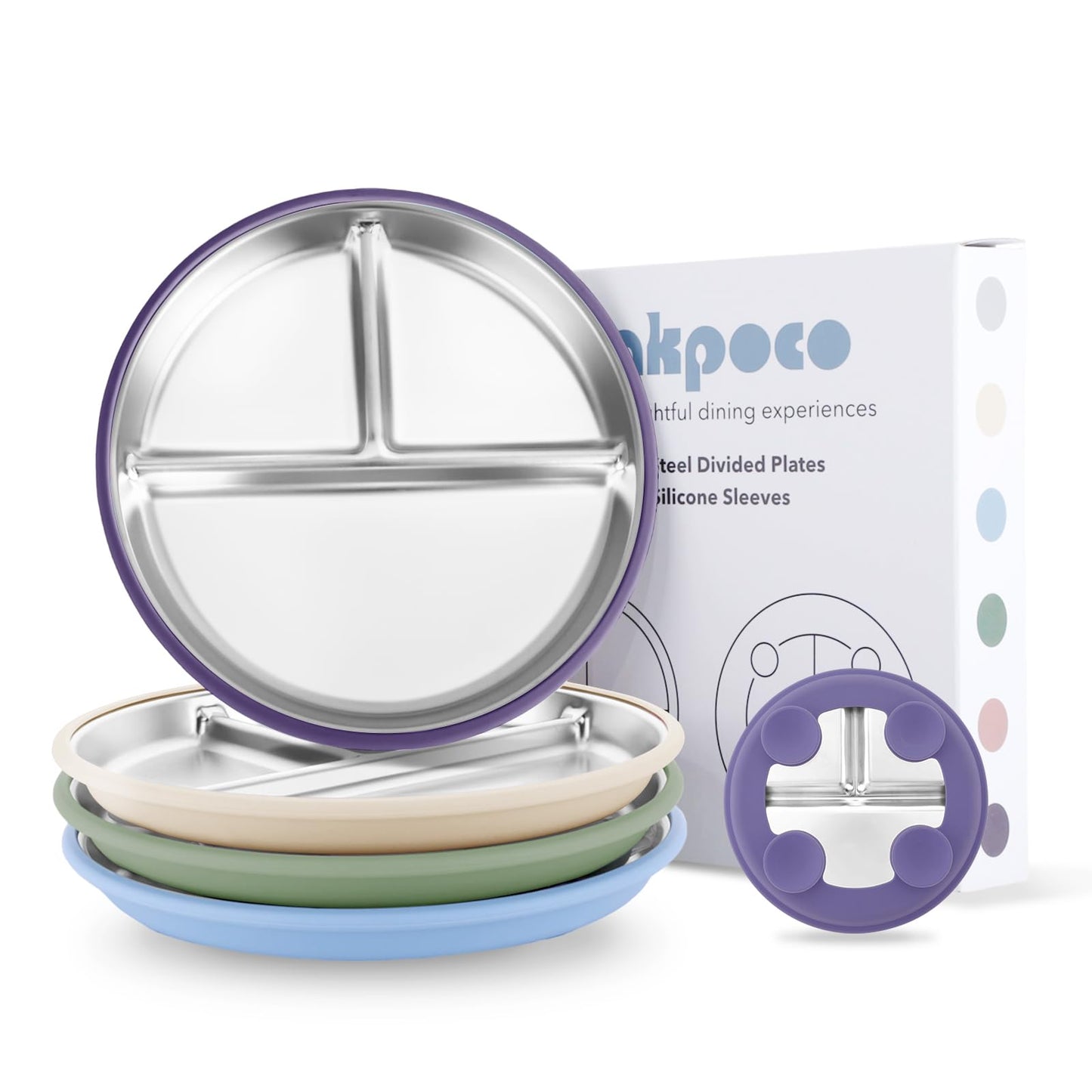 Stainless Steel Baby Plate with Suction, 9” Divided Toddler Plates with Removable Silicone Sleeves for Kids, Non-Toxic Non-Slip Unbreakable Dishwasher Safe Dinnerware Set of 2, Pink & Beige