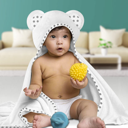 Set of 2 Hooded Baby Towels – White and Grey – Luxurious, Large and Super Absorbent – 30 x 30 Inch – Soft and Suitable for Infants, Toddlers and Kids – 400 GSM