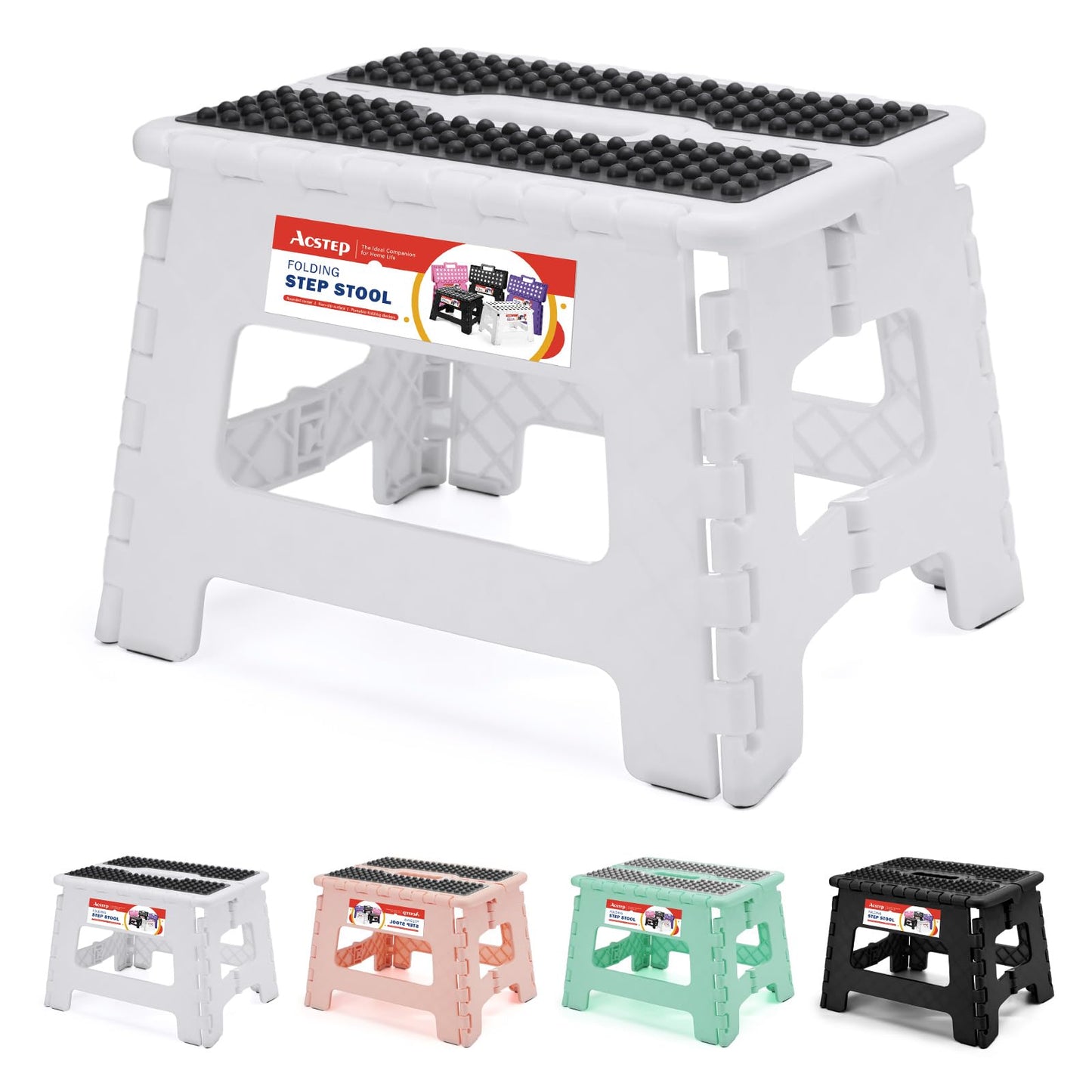 ACSTEP Folding Step Stool 9'' Tall Kids Step Stool Holds Up to 300 lb Plastic Foldable Step Stools for Kids Non-Slip Surface with Carry Handle Collapsible Stool for Home, Outdoor and Indoor(Black)