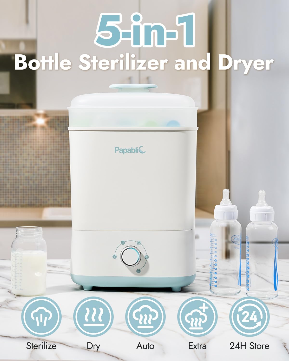 Papablic Baby Bottle Sterilizer and Dryer, Esterilizador De Biberones, Electric Steam Sterilizer for Baby Bottles, Pacifiers, and Pump Parts, Large Capacity 10 Bottle, Fast Sanitizes and Dries Bottles