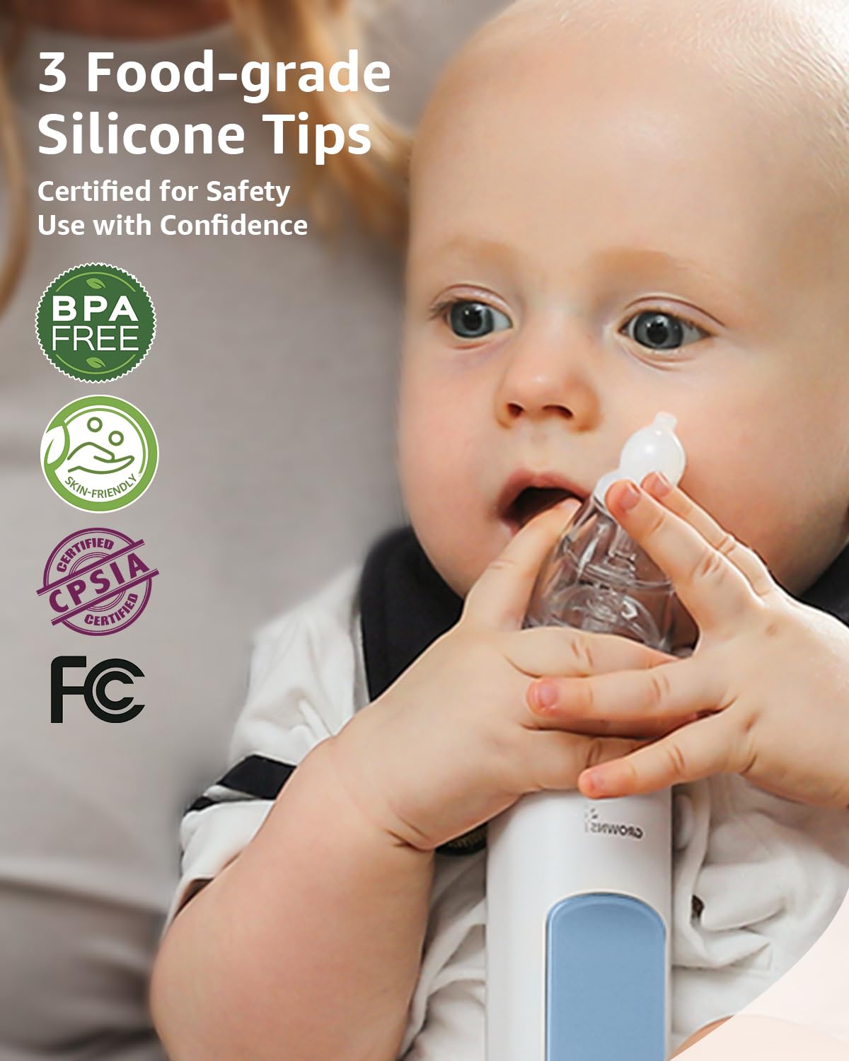 GROWNSY Nasal Aspirator for Baby, Electric Nose Aspirator for Toddler, Baby Nose Sucker, Automatic Nose Cleaner with 3 Silicone Tips, Adjustable Suction Level, Music and Light Soothing Function
