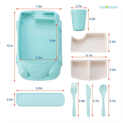 Car Plate 8Pcs/Set Bamboo Children Dinnerware Sets - Dishwasher/Microwave Safe Includes Cutlery, Beautiful Plate, Separable Bowls & Cup Happy MealTime, Light Green, YK-001