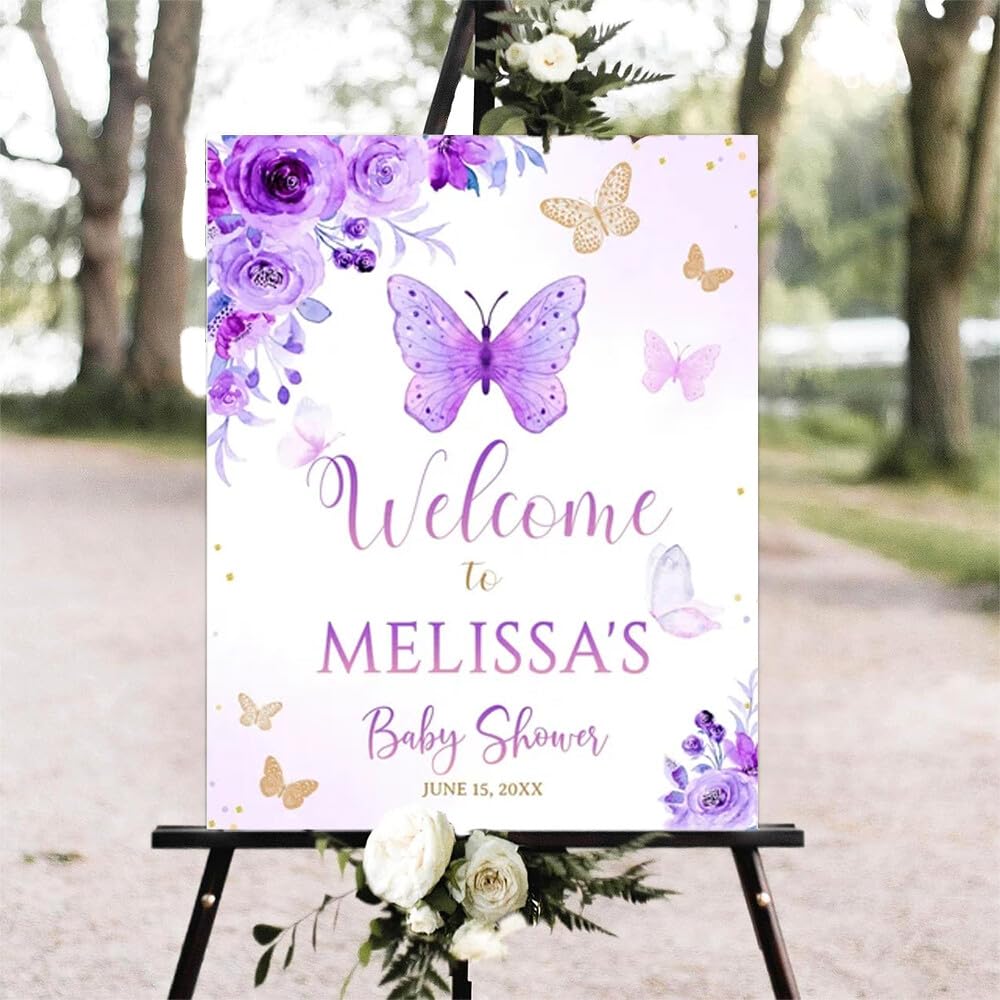 Printable Sign, Butterfly Baby Shower Welcome Sign, 12 x 18 inches to 24 x 36 inches, Corrugated Plastic, Romantic Style