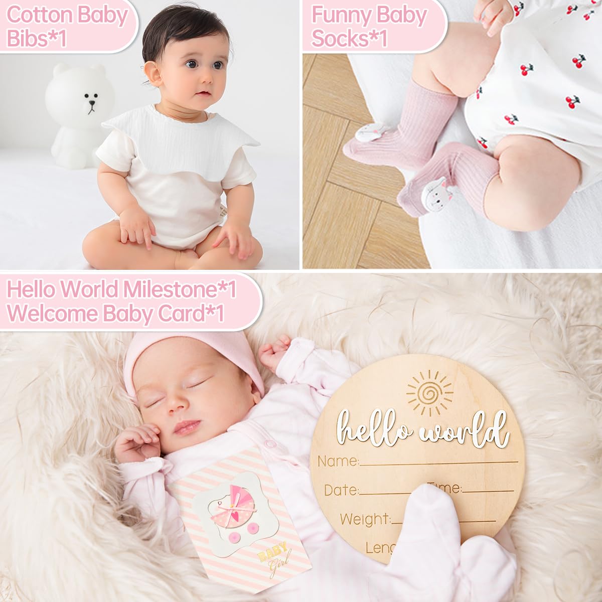 Baby Shower Gifts for Girls Unique Gift Basket 8 Pack - Baby Lovey Blanket Newborn Bibs Socks Rabbit Rattle Wooden Milestones Greeting Card Set, Newborn Baby Gift Set…
