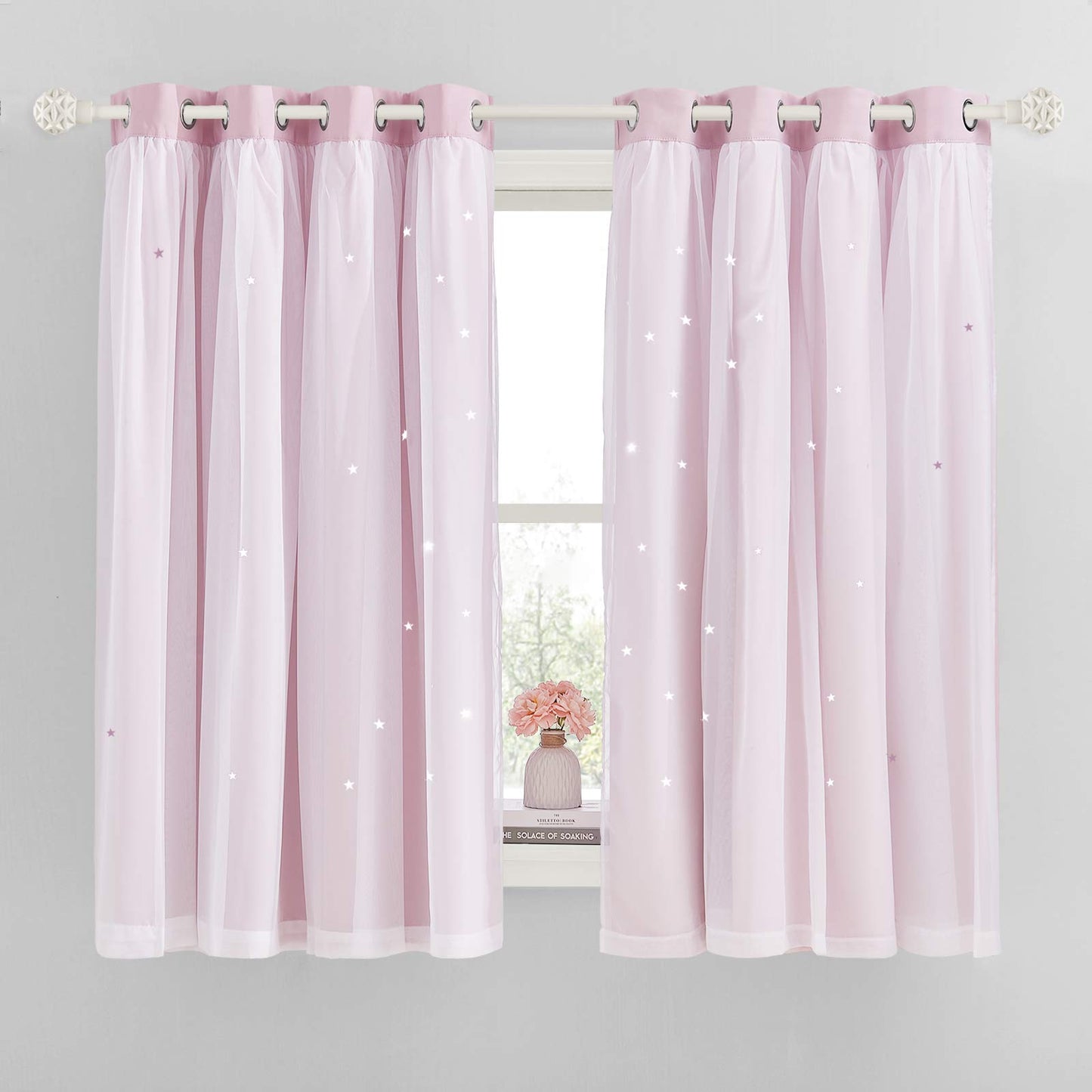 NICETOWN Nursery Curtains for Kids, Farmhouse Blackout Curtain Panels for Bedroom, Double Layer Star Hollow-Out Grommet Aesthetic Living Room Toddler Window Curtains, 2 Pcs, W52 x L84, Biscotti Beige