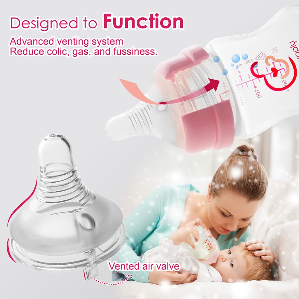 Nenesupply Natural Baby Bottles Newborn Feeding Bottles Slow Flow Breastfeeding Bottle for Breastfed Babies Wide Neck 9oz Anti Colic Level 2 Nipple for 1+ Month Infant Replace Spectra Bottle Pumping
