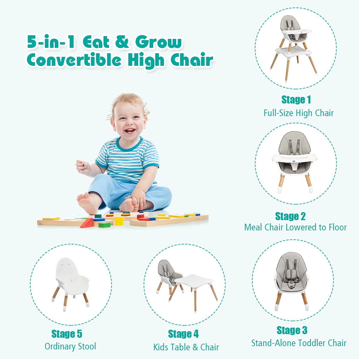 BABY JOY 6 in 1 High Chair, Convertible High Chairs for Babies and Toddlers/Booster Seat/Table and Chair Set, Infant Wooden Highchair w/ 5-Point Harness, 4-Position Removable Tray & PU Cushion, Coffee