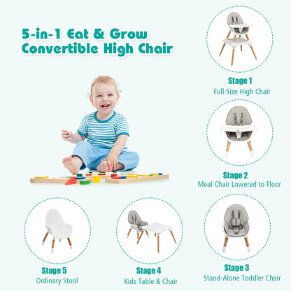BABY JOY 6 in 1 High Chair, Convertible High Chairs for Babies and Toddlers/Booster Seat/Table and Chair Set, Infant Wooden Highchair w/ 5-Point Harness, 4-Position Removable Tray & PU Cushion, Coffee