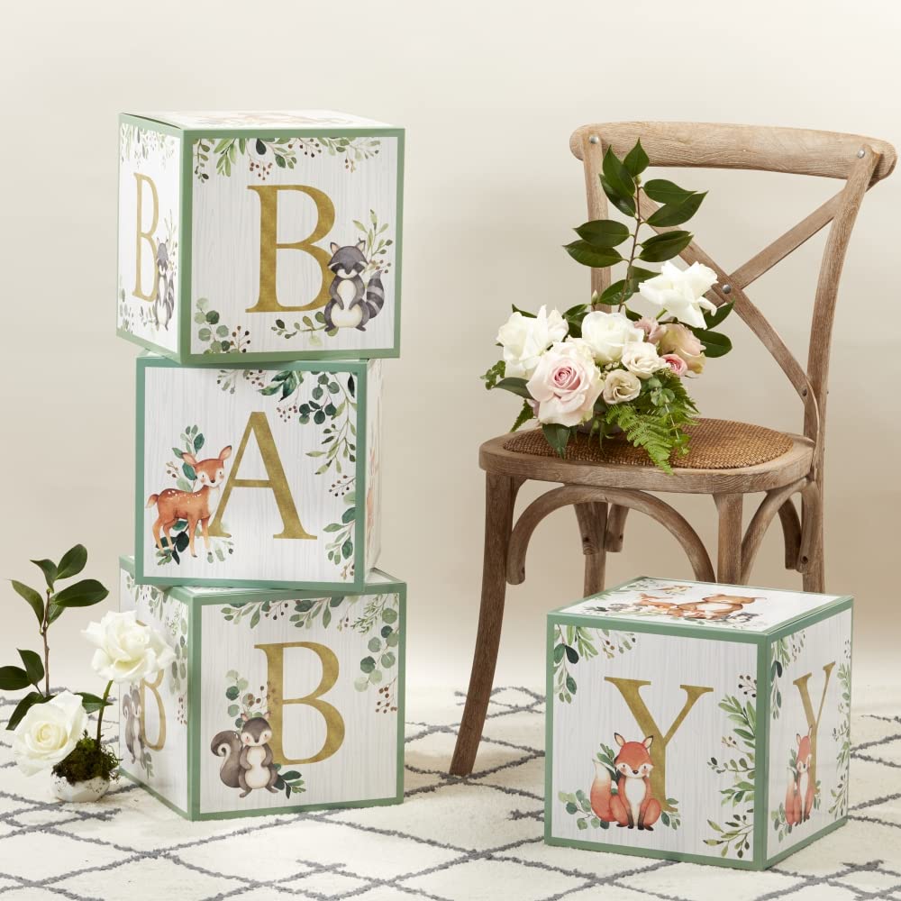 Kate Aspen Woodland Baby Shower Boxes with Letters for Baby Shower Gender Reveal Decorations Photo Prop & Forest Animal Nursery Decor (Set of 4 Blocks Spells Baby)