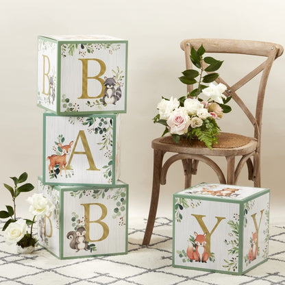 Kate Aspen Woodland Baby Shower Boxes with Letters for Baby Shower Gender Reveal Decorations Photo Prop & Forest Animal Nursery Decor (Set of 4 Blocks Spells Baby)
