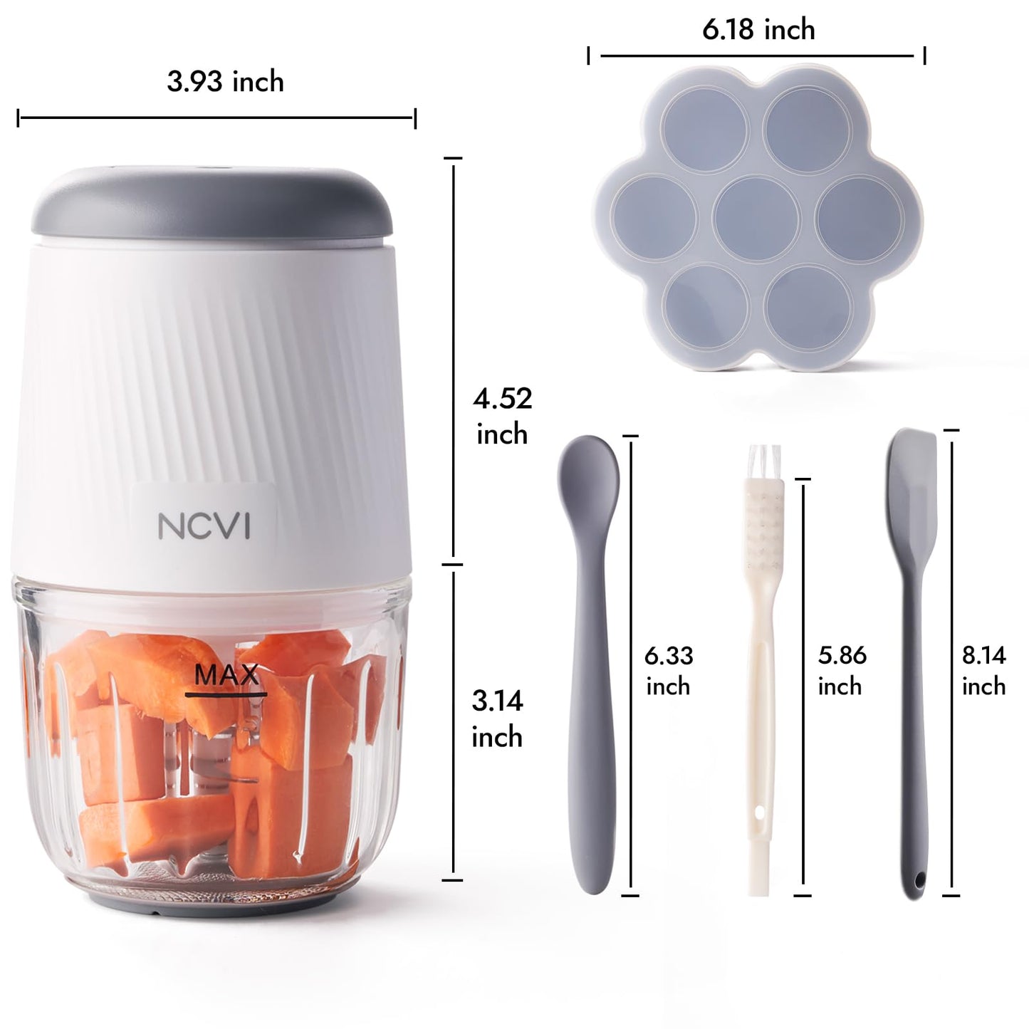 NCVI Puree Baby Food Processor Glass Set, Mini Infant Food Maker Blender Machine with 8 Blades and Grinding Disc, Small Blender for Baby Food Including Containers, Silicone Tray and Tableware