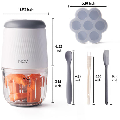 NCVI Puree Baby Food Processor Glass Set, Mini Infant Food Maker Blender Machine with 8 Blades and Grinding Disc, Small Blender for Baby Food Including Containers, Silicone Tray and Tableware