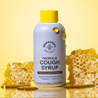 Beekeeper's Naturals Propolis Honey Cough Syrup Daytime for Kids Immune Support with Elderberry, Vitamin C, Vitamin D & Raw Honey - Throat Soothing - Gluten Free & Clean Ingredients, 4 oz.