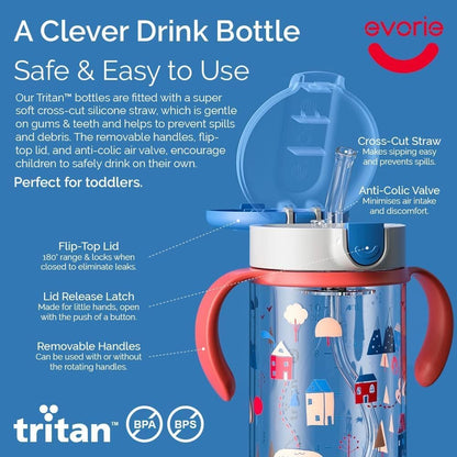 Evorie Tritan Spill Proof Toddler Straw Sippy Cup, 10 oz for Baby and Toddlers 1-3 Years Old, No Spill Straw Water Bottle with Removable Handles, Ideal for School, BPA-Free, Pink Rabbit