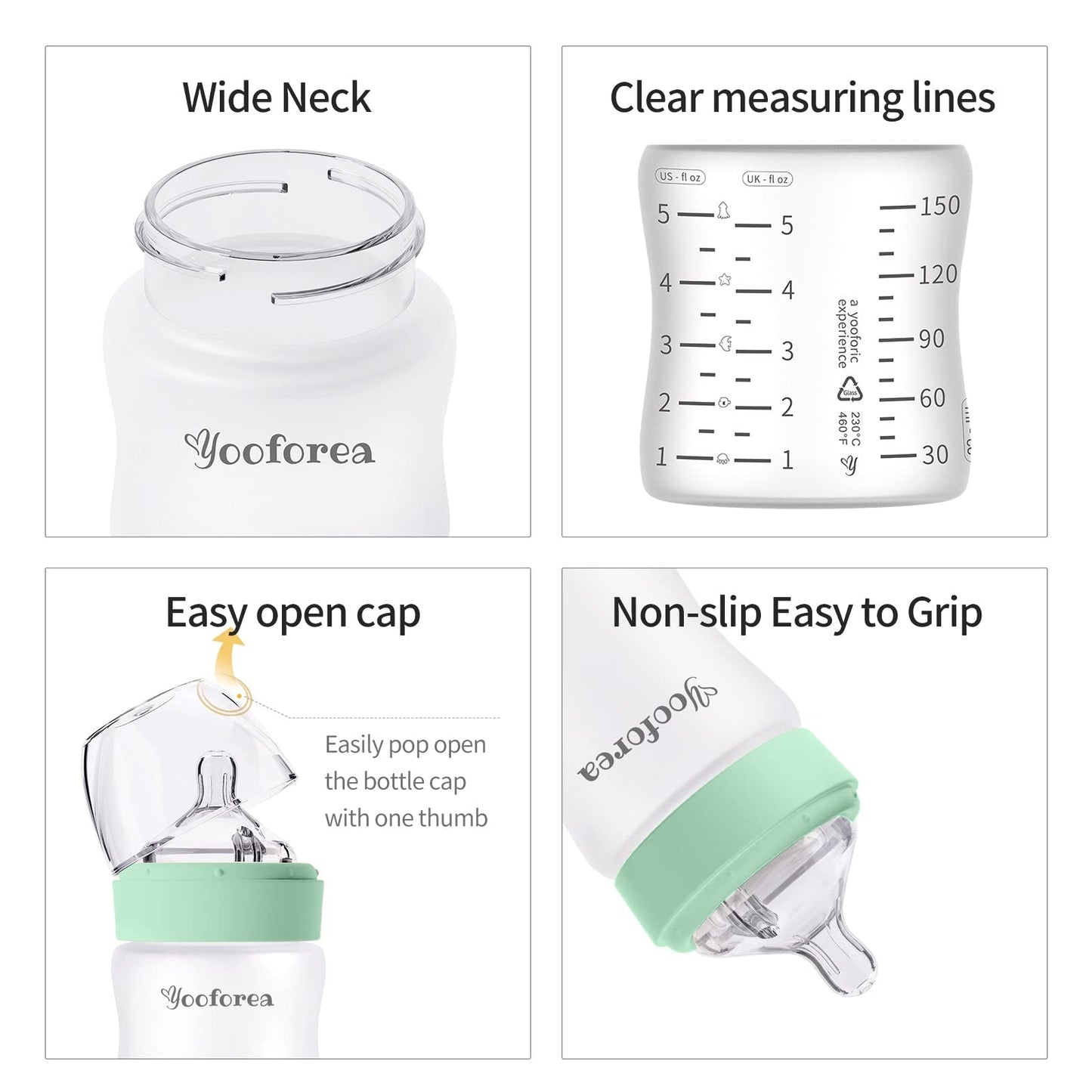 Yooforea Silicone Coated Glass Baby Bottle, 0M+ Slow Flow Nipple I Anti-Colic, Wide Neck, Stable Base I Medical-Grade Silicone Coating for Shatter Protection, BPA BPS PVC Free (3 Ounce-Honey)