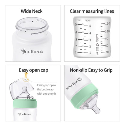 Yooforea Silicone Coated Glass Baby Bottle, 0M+ Slow Flow Nipple I Anti-Colic, Wide Neck, Stable Base I Medical-Grade Silicone Coating for Shatter Protection, BPA BPS PVC Free (3 Ounce-Honey)