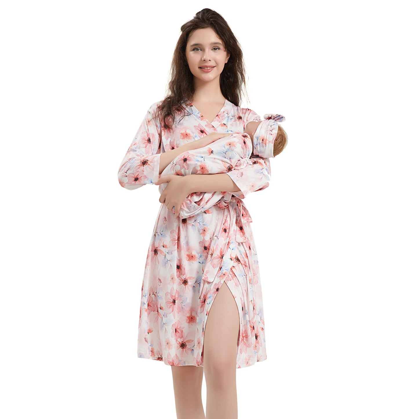 Galabloomer Maternity Robe and Baby Receiving Blanket, Matching Mommy Labor Delivery Robe and Swaddle Set Denim blue