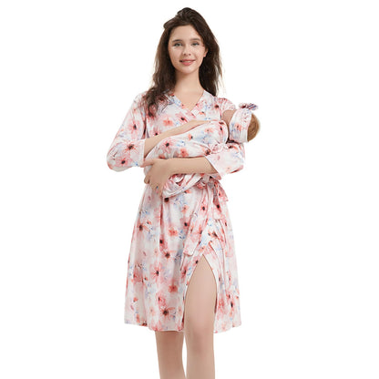 Galabloomer Maternity Robe and Baby Receiving Blanket, Matching Mommy Labor Delivery Robe and Swaddle Set Denim blue