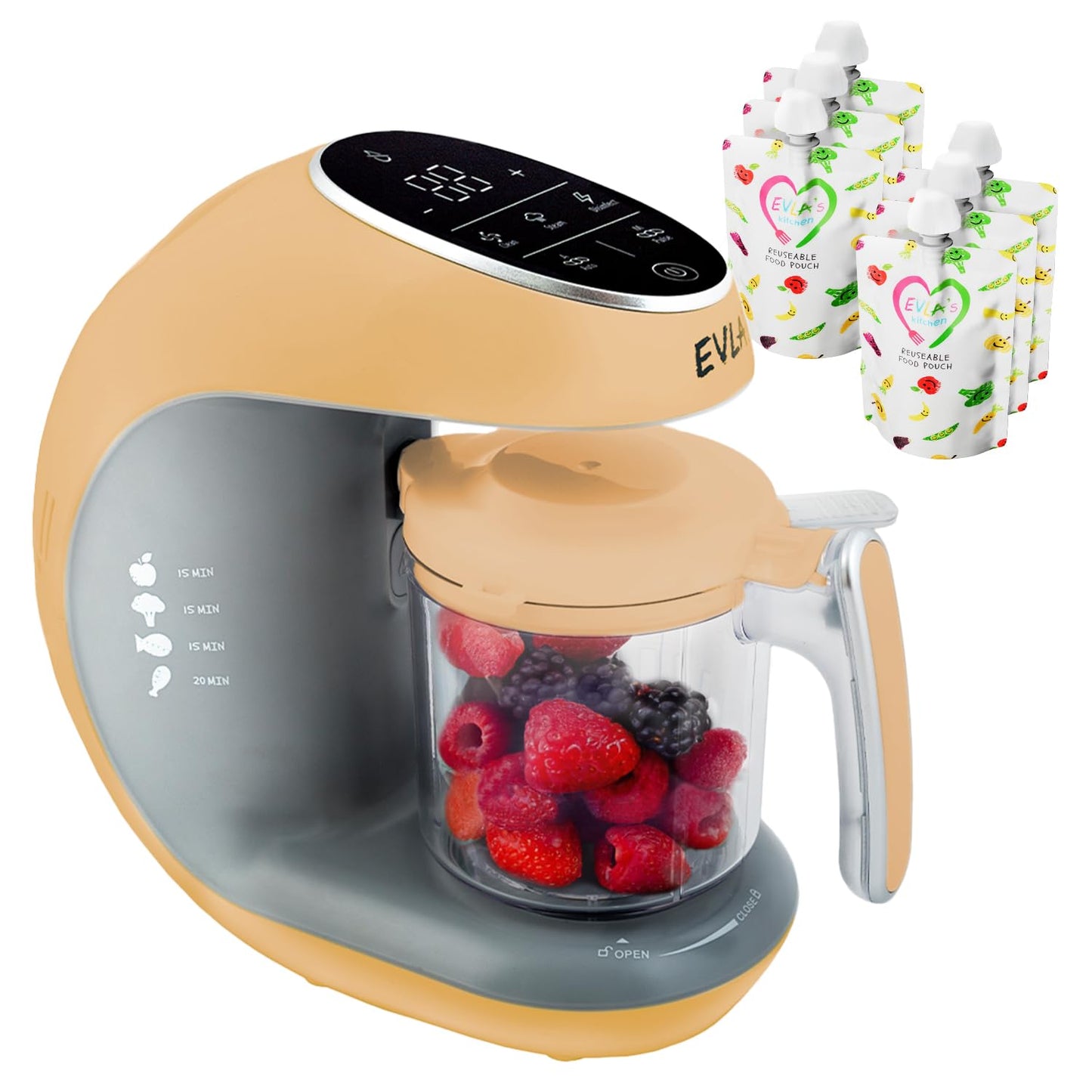 EVLA'S Baby Food Maker, Steamer, Blender, Baby Food Processor for Healthy Homemade Baby Food in Minutes, Touch Screen with 6 Reusable Food Pouches, Baby Registry Essential, White