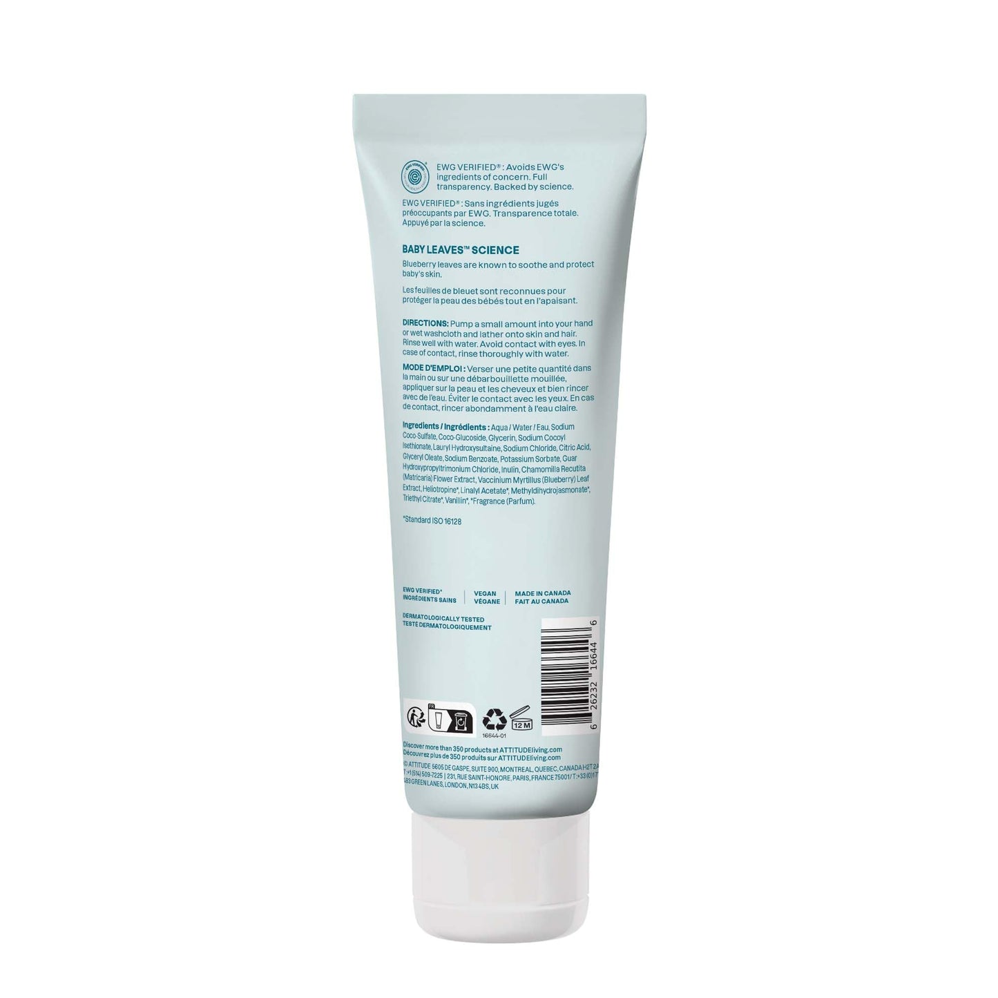 ATTITUDE 2-in-1 Shampoo and Body Wash for Baby, Fragrance-Free EWG Hypoallergenic Plant- and Mineral-Based Ingredients, Vegan and Cruelty-Free, Unscented, 16 Fl Oz