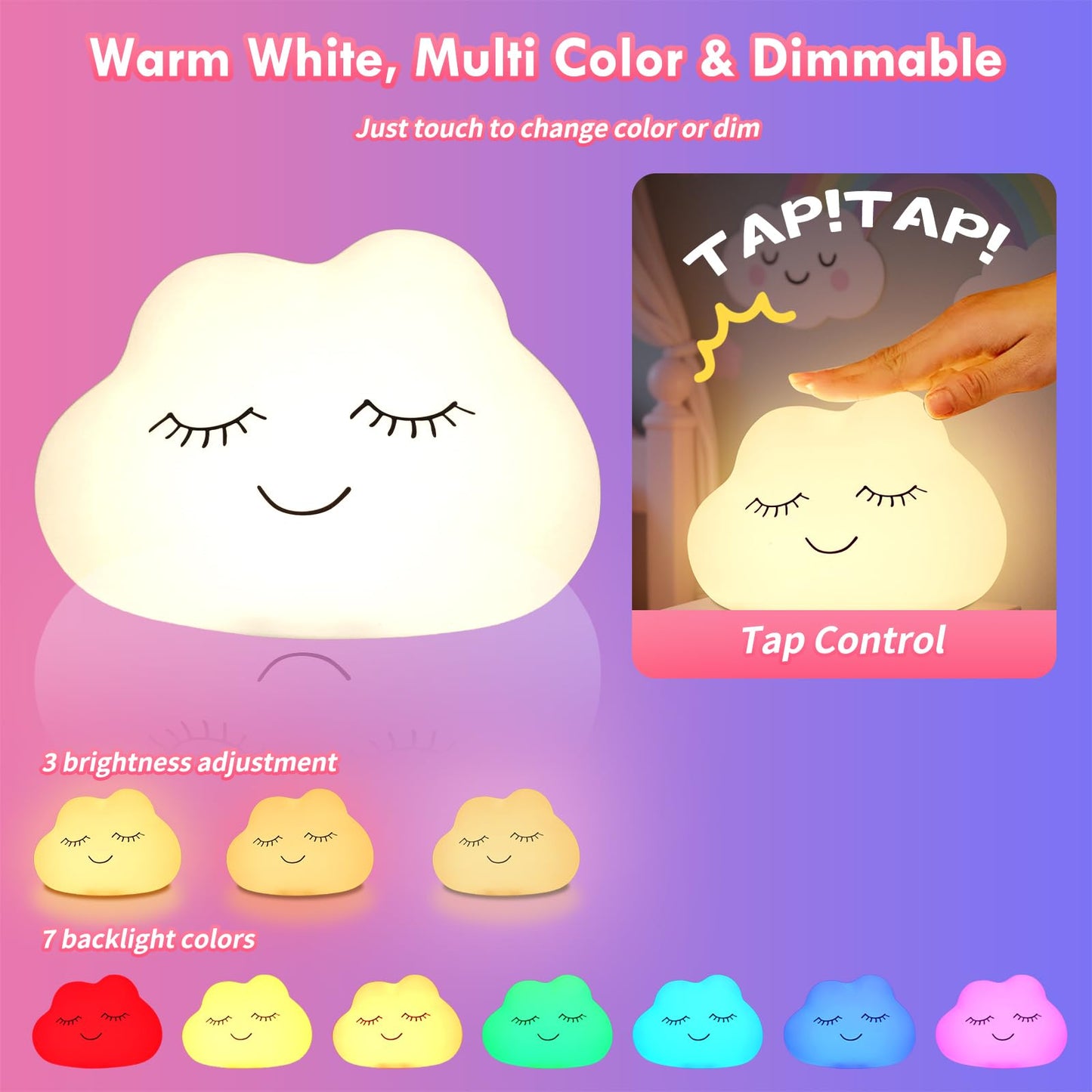 Night Light for Kids, 7 Colors Soft Silicone Kids Night Light with 3 Level Dimmable, Rechargeable Anti-glare Nursery Night Light with Warm White & Multicolor, Squishy Cute Lion Bedside Touch Lamp