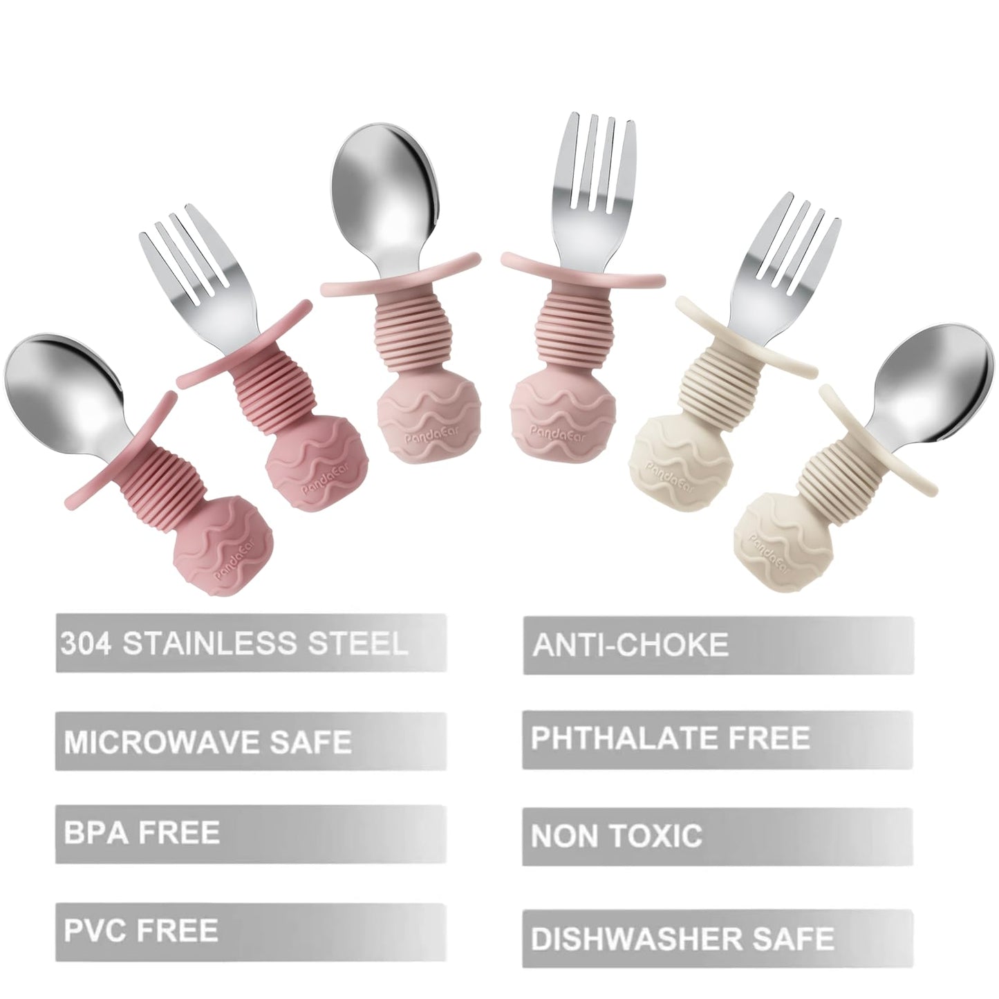 PandaEar 6 Pack Stainless Steel Toddler Spoons and Fork Feeding Set - Anti-Choke First Self Feeding Utensils for Kids Baby Girls Led Weaning Ages 18 Months+ (Pink/Beige)