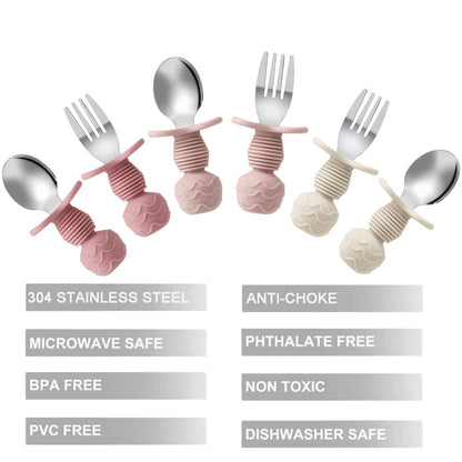 PandaEar 6 Pack Stainless Steel Toddler Spoons and Fork Feeding Set - Anti-Choke First Self Feeding Utensils for Kids Baby Girls Led Weaning Ages 18 Months+ (Pink/Beige)