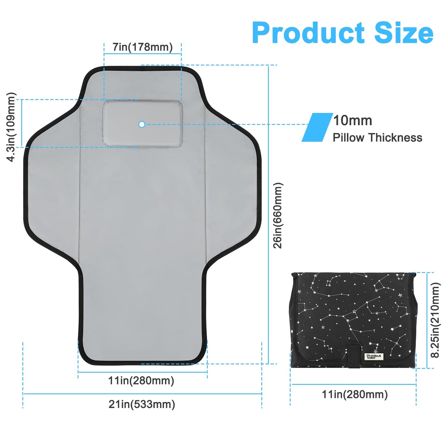 Baby Portable Changing Pad Travel - Waterproof Compact Diaper Changing Mat with Built-in Pillow - Lightweight & Foldable Changing Station, Newborn Shower Gifts