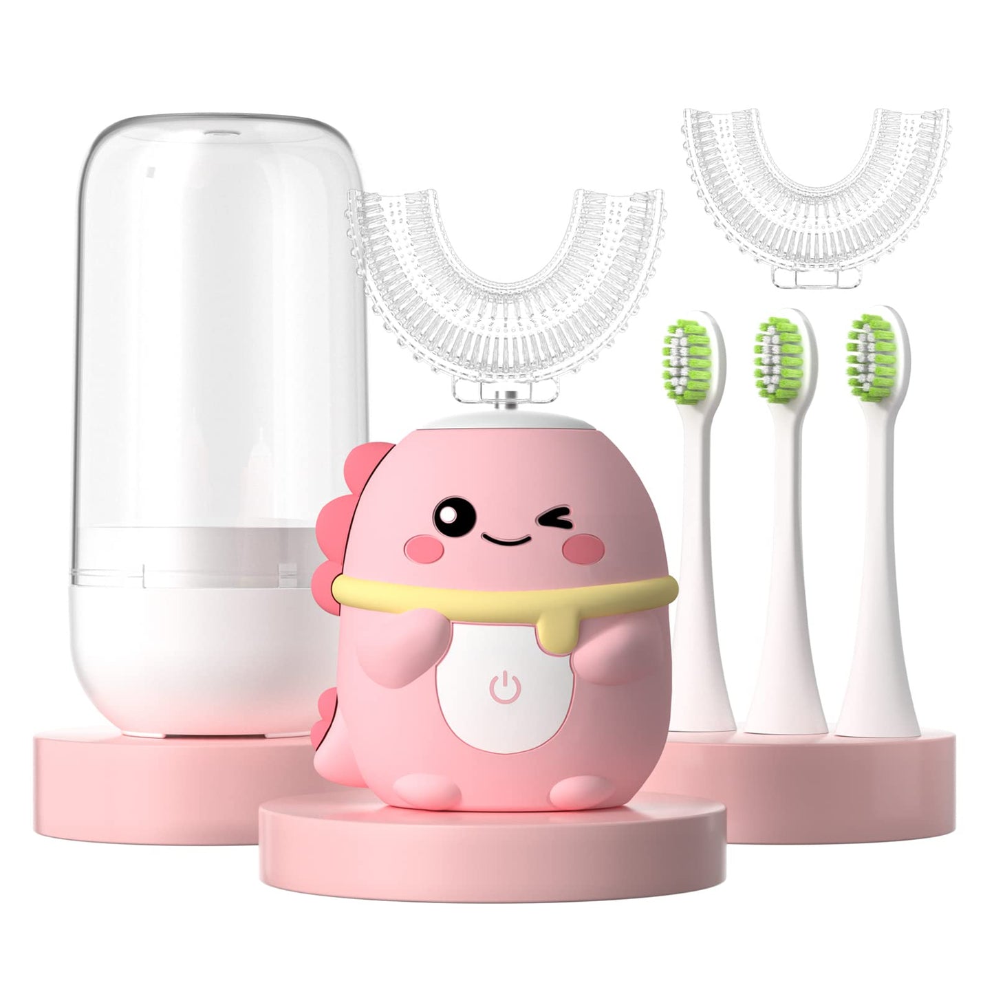 Kids Electric Toothbrush U Shaped Toddler Auto Sonic Toothbrushes with 5 Brush Head,Cartoon Dinosaur Ultrasonic Toothbrushes for Children 2-12 Years,360° Full Mouth Cleaning Automatic