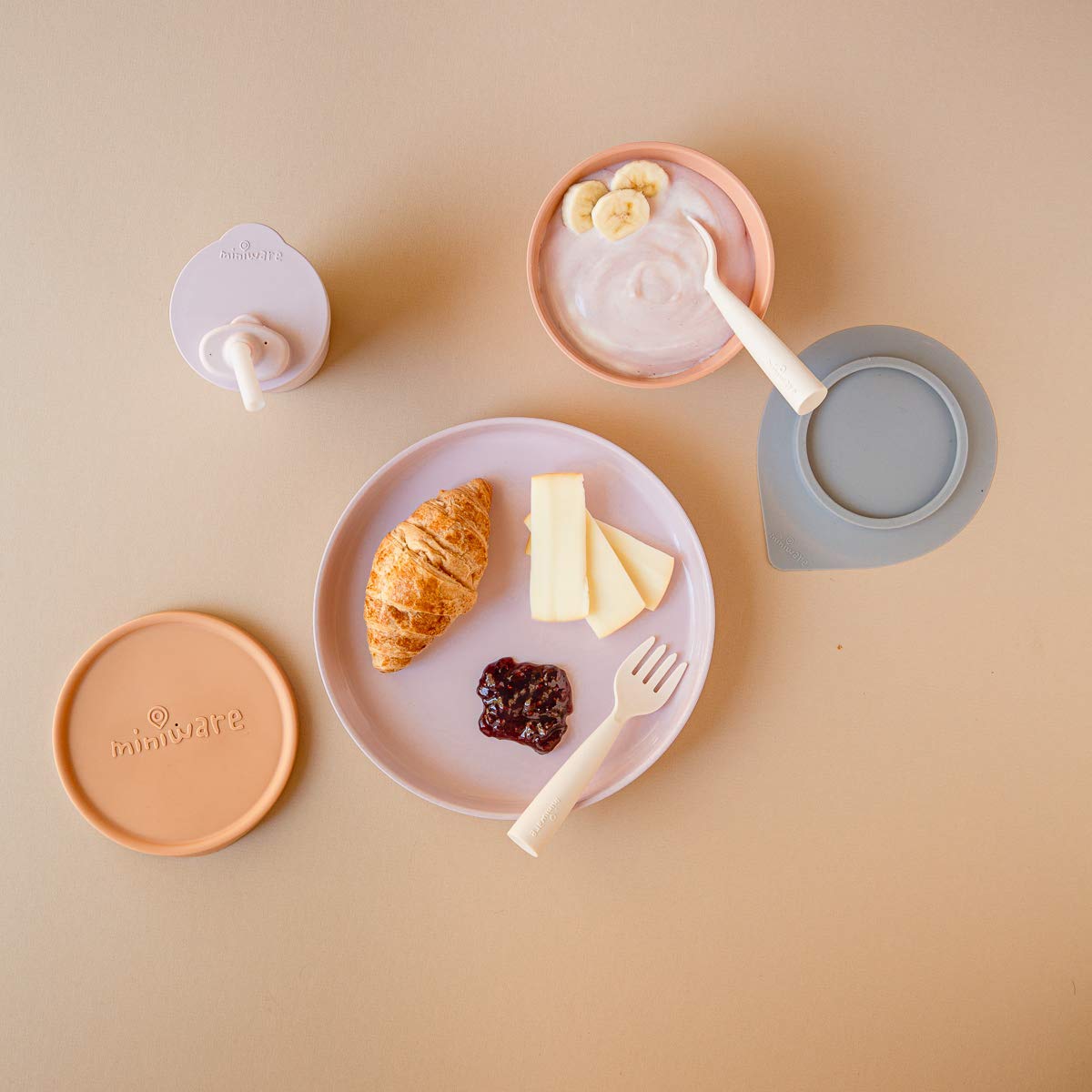 Miniware Little Foodie Set with Cereal Bowl, Sandwich Plate, My First Cutlery Set, 1-2-3 Sip Cup, and Detachable Suction Foot for Baby Toddler Kids (Little Camper)