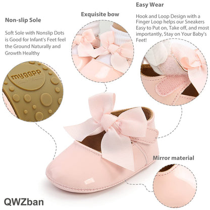 Baby Girls Mary Jane Flats with Bowknot Flowers Soft Newborn Infant First Walkers Crib Shoes Wedding Party Christmas Dress Shoes