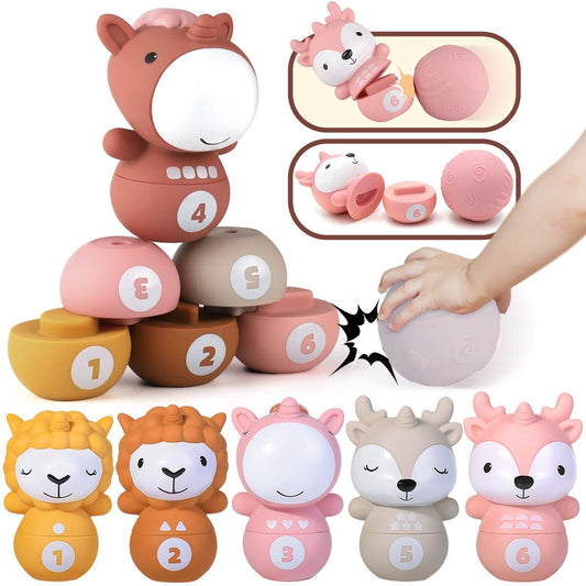 Nueplay 13 Pcs Building Circle & Blocks, Stacking & Nesting Baby Toys with Horse Figure, Newborn Essentials Squeeze Teething Toy Gifts for 6 12 18 Months Baby Toddler Girls