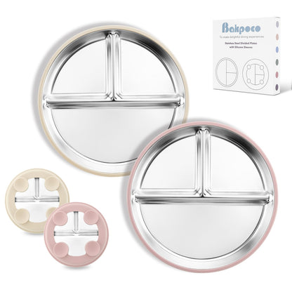 Stainless Steel Baby Plate with Suction, 9” Divided Toddler Plates with Removable Silicone Sleeves for Kids, Non-Toxic Non-Slip Unbreakable Dishwasher Safe Dinnerware Set of 2, Pink & Beige
