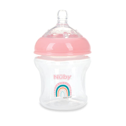 Nuby 3-Pack Infant Feeding Bottles with Slow Flow Breast Size Silicone Nipple: 0+ Months, 6oz, 3 Pack Set: Delicate Star, Rainbow, Butterfly Prints