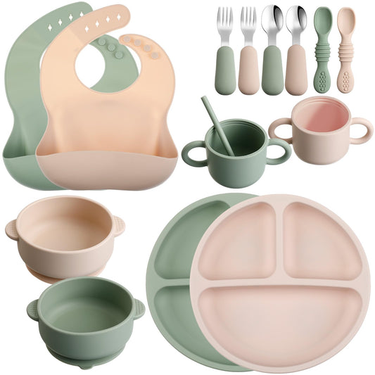 16 Pcs Baby Led Weaning Supplies Silicone Baby Feeding Set Plates with Suction Utensils with Divided Adjustable Bib Bowl Cutlery Snack Cup Spoons Straw 6 Months+(Purple, Pink)