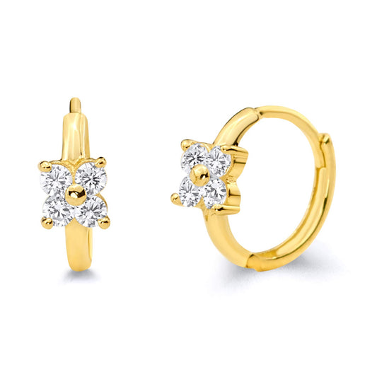 14k Yellow Gold Flower CZ Huggie Earrings (10 x 10 mm) - 2 Different Color Available