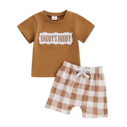NZNDSHD Baby Boy Summer Clothes Daddys/Mamas Boy Matching Outfit Short Sleeve Embroidery T-shirt Plaid Toddler Shorts Set