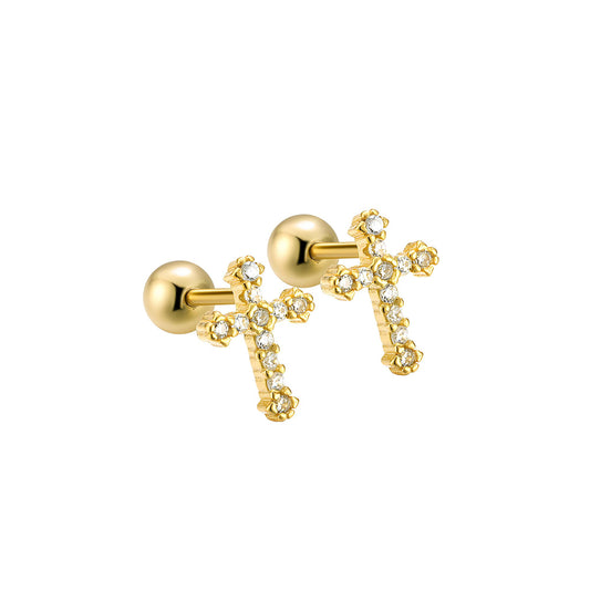 Gold Cross Earrings 14K Real Gold Filled Plated Trendy Dainty Cute Cubic Zirconia Screw Back Nickel Free Small Stud Earrings for Women Men