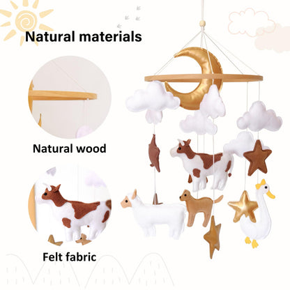 Farm Animals Baby Mobile, Mobile for Crib, Crib Mobile for Boys and Girls, Nursery Mobile for Bassinet, Pack and Play, Cows, Sheep, Golden Retriever, Goose, Moon