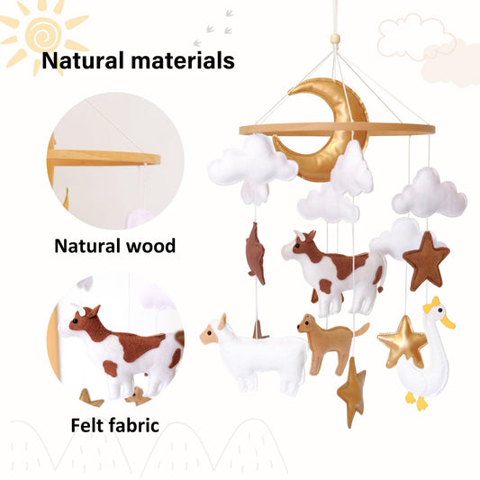 Farm Animals Baby Mobile, Mobile for Crib, Crib Mobile for Boys and Girls, Nursery Mobile for Bassinet, Pack and Play, Cows, Sheep, Golden Retriever, Goose, Moon