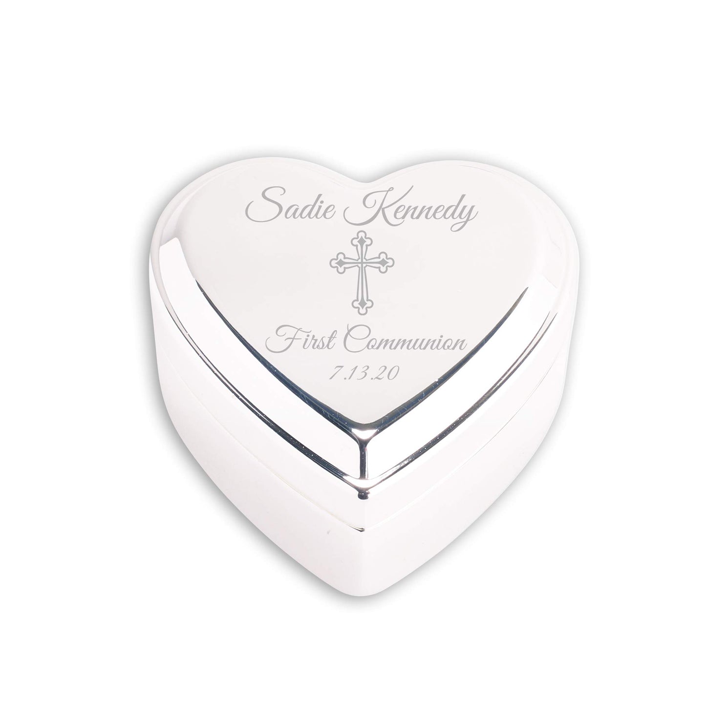 Cherished Moments Personalized Heart Jewelry Keepsake Box with Custom Engraved Cross and Name for Baby Baptism Gift for Girls, Silver Toned